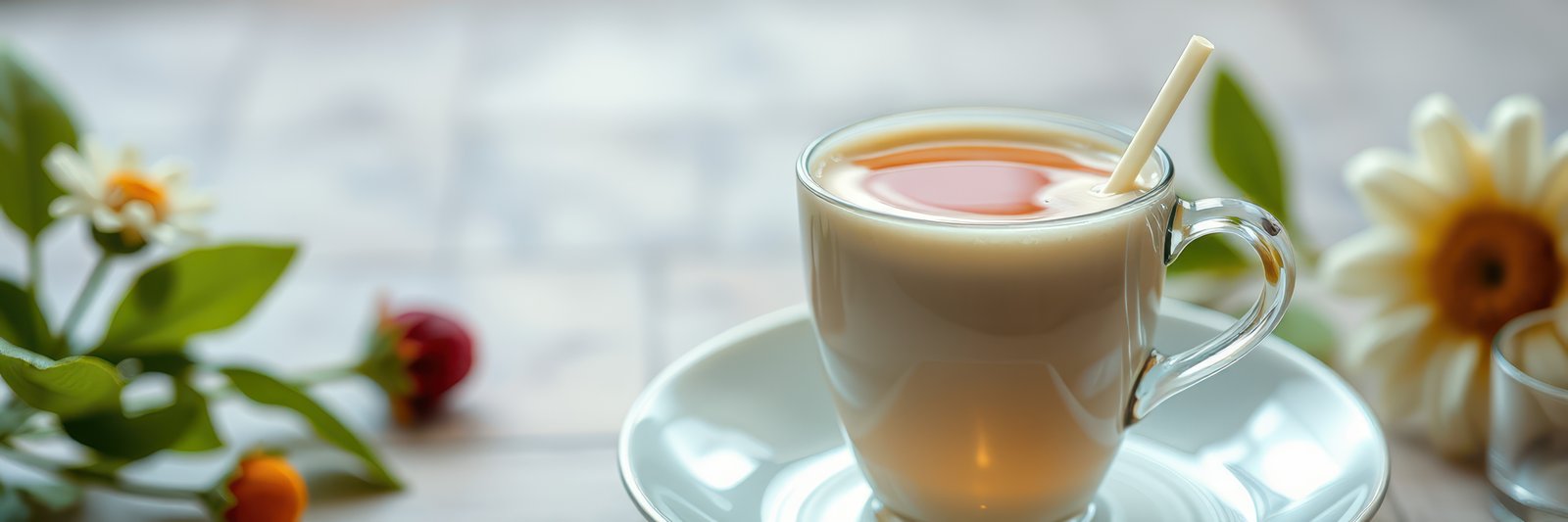 Warm cup of tea with honey surrounded by fresh flowers on a cozy table setting